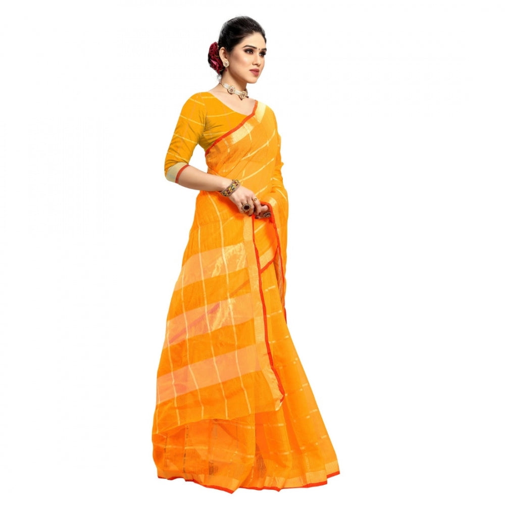 Clasymist Women's Kota Doria Cotton Checked Saree With Blouse (Yellow, 5-6 Mtrs)