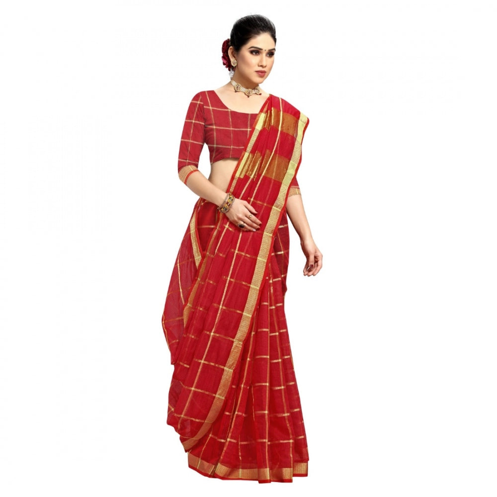 Clasymist Women's Kota Doria Cotton Checked Saree With Blouse (Red, 5-6 Mtrs)