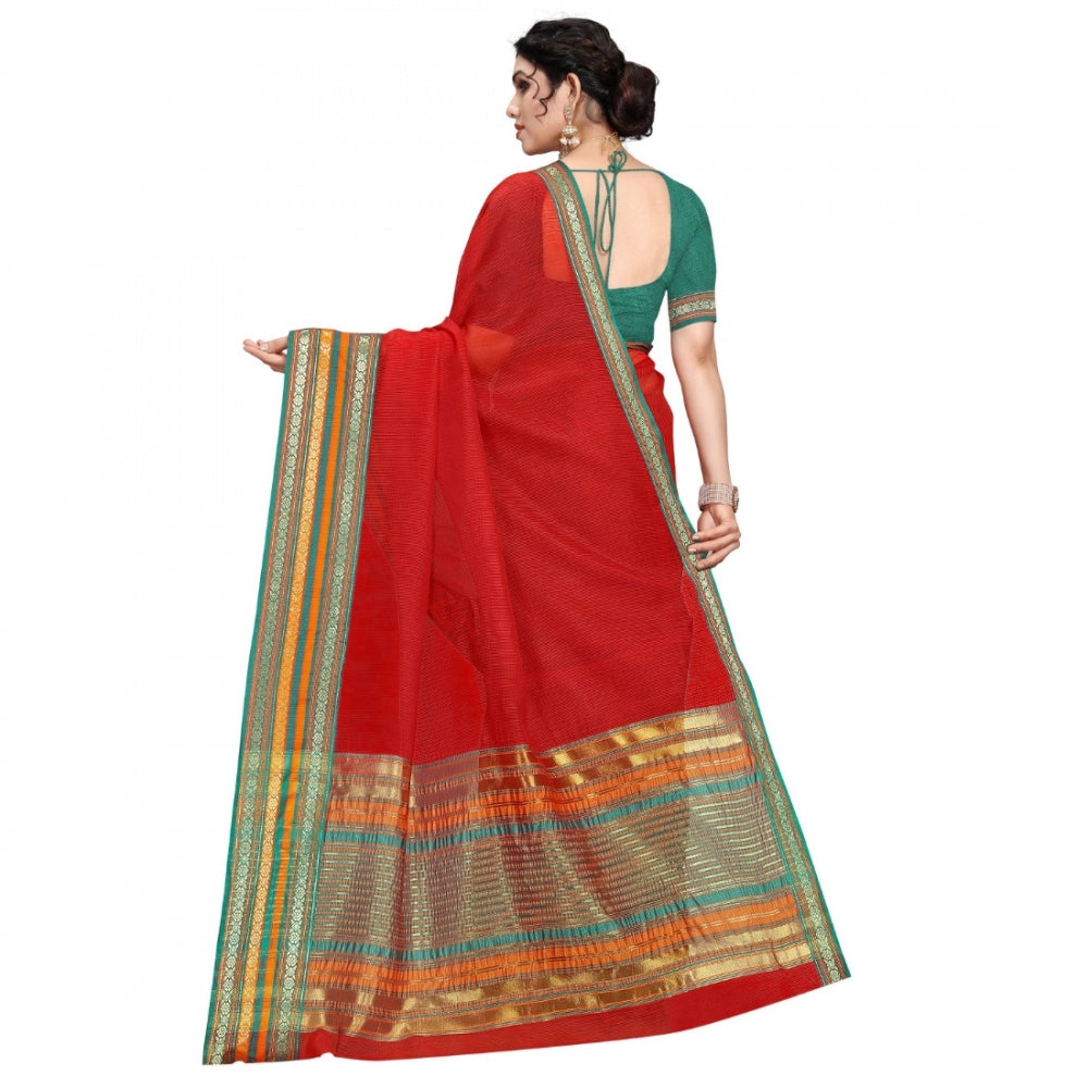 Clasymist Women's Kota Doria Cotton Bordered Saree With Blouse (Red, 5-6 Mtrs)