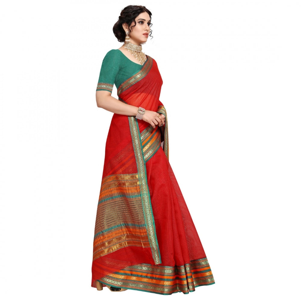 Clasymist Women's Kota Doria Cotton Bordered Saree With Blouse (Red, 5-6 Mtrs)