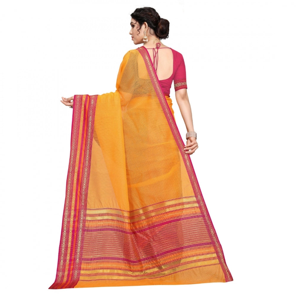 Clasymist Women's Kota Doria Cotton Bordered Saree With Blouse (Gold, 5-6 Mtrs)