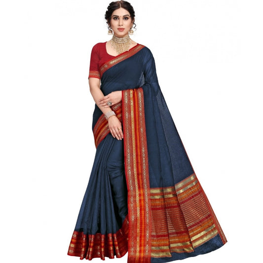 Clasymist Women's Kota Doria Cotton Bordered Saree With Blouse (Navy Blue, 5-6 Mtrs)