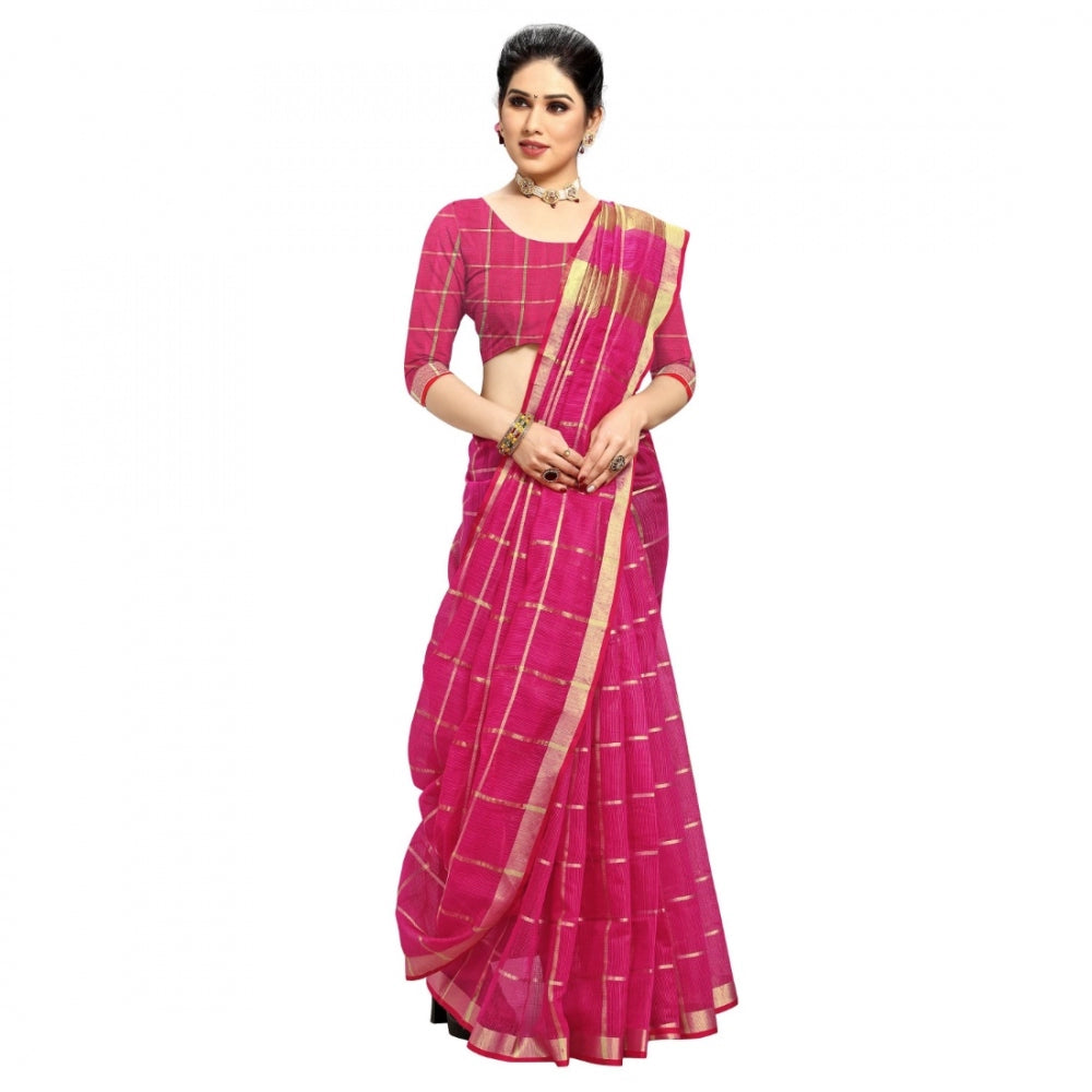 Clasymist Women's Kota Doria Cotton Checked Saree With Blouse (Rani, 5-6 Mtrs)