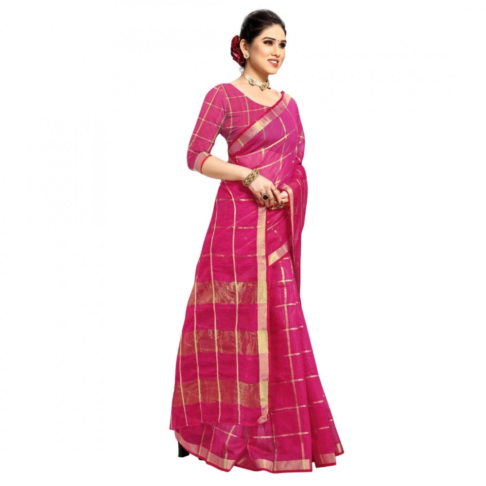 Clasymist Women's Kota Doria Cotton Checked Saree With Blouse (Rani, 5-6 Mtrs)