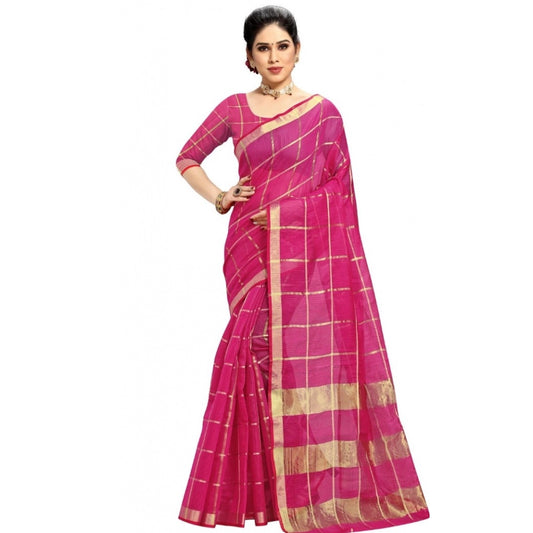 Clasymist Women's Kota Doria Cotton Checked Saree With Blouse (Rani, 5-6 Mtrs)