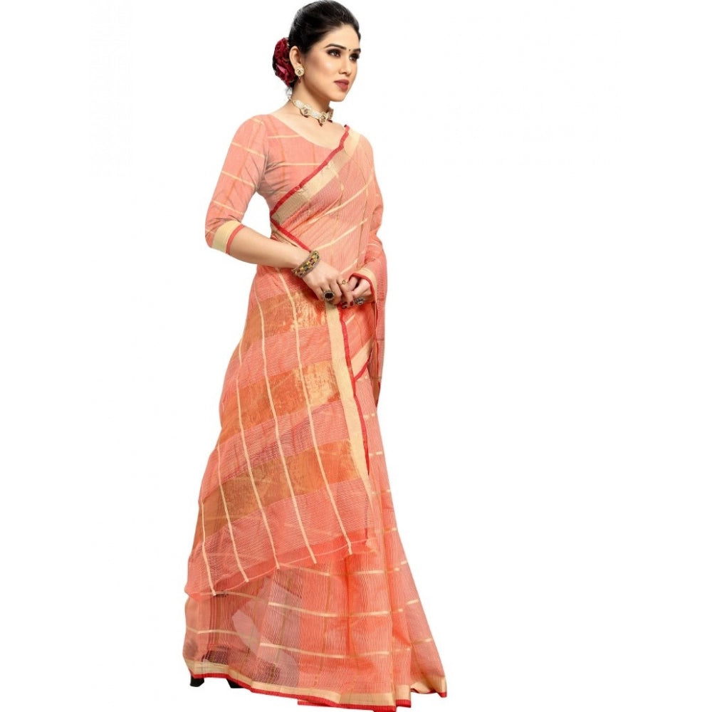 Clasymist Women's Kota Doria Cotton Checked Saree With Blouse (Peach, 5-6 Mtrs)