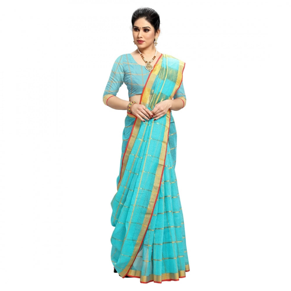 Clasymist Women's Kota Doria Cotton Checked Saree With Blouse (Sky Blue, 5-6 Mtrs)