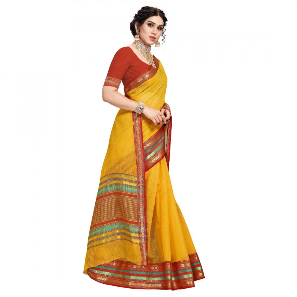 Clasymist Women's Kota Doria Cotton Bordered Saree With Blouse (Yellow, 5-6 Mtrs)