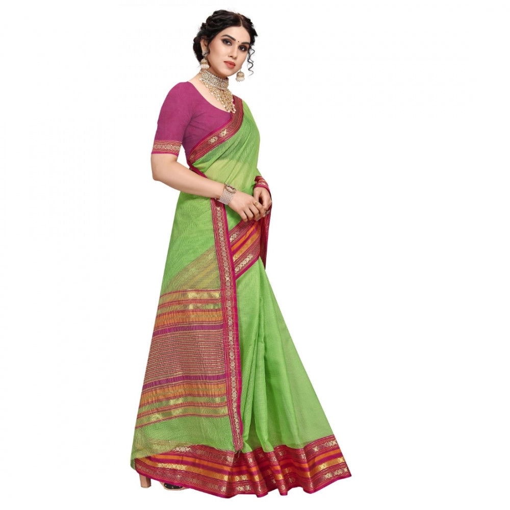 Clasymist Women's Kota Doria Cotton Bordered Saree With Blouse (Light Green, 5-6 Mtrs)