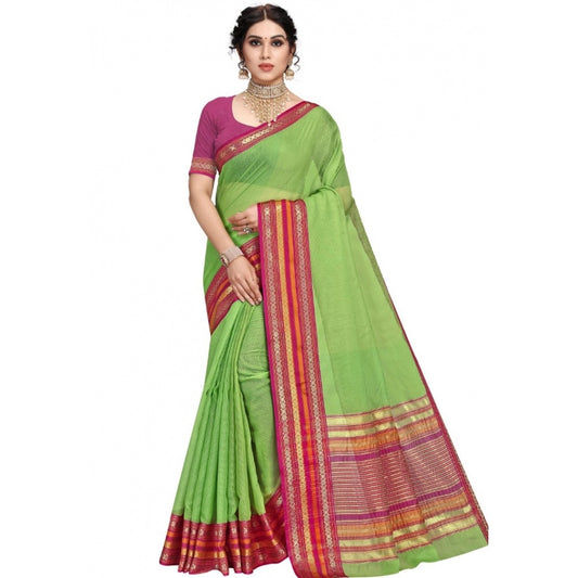 Clasymist Women's Kota Doria Cotton Bordered Saree With Blouse (Light Green, 5-6 Mtrs)