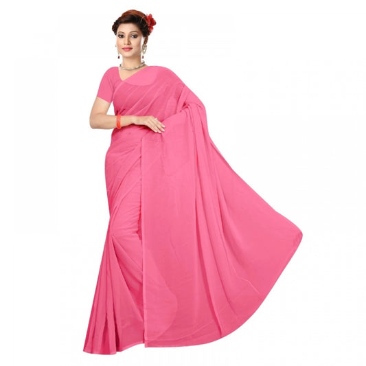 Clasymist Women's Georgette Plain Saree With Blouse (Pink, 5-6 Mtrs)