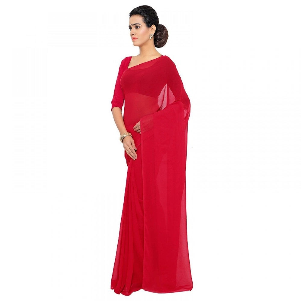 Clasymist Women's Georgette Plain Saree With Blouse (Red, 5-6 Mtrs)