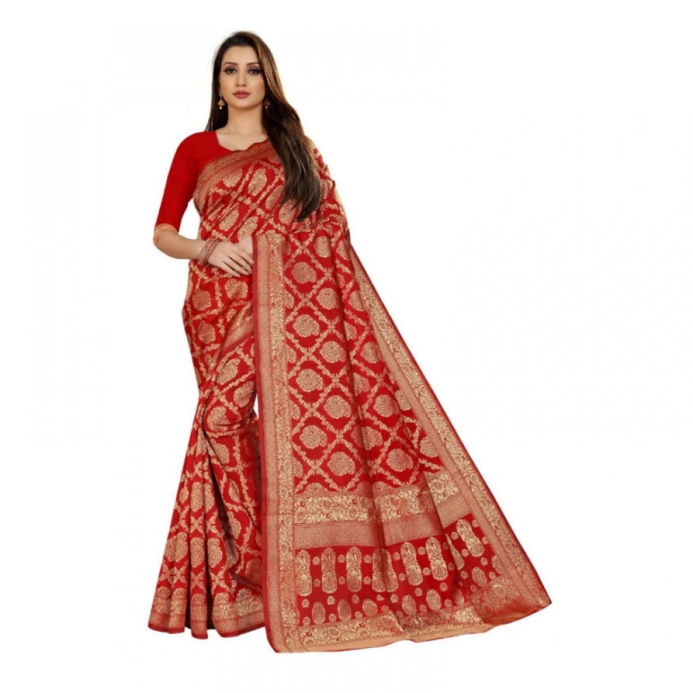 Clasymist Women's Jacquard Silk Kanjivaram Jacquard Silk Saree With Blouse (Red, 5-6 Mtrs)