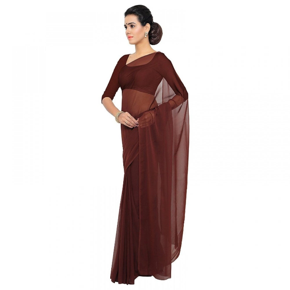 Clasymist Women's Georgette Plain Saree With Blouse (Coffee, 5-6 Mtrs)