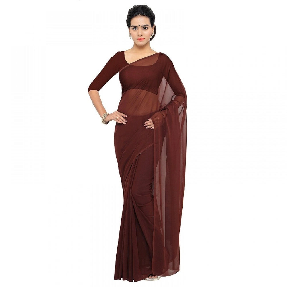 Clasymist Women's Georgette Plain Saree With Blouse (Coffee, 5-6 Mtrs)