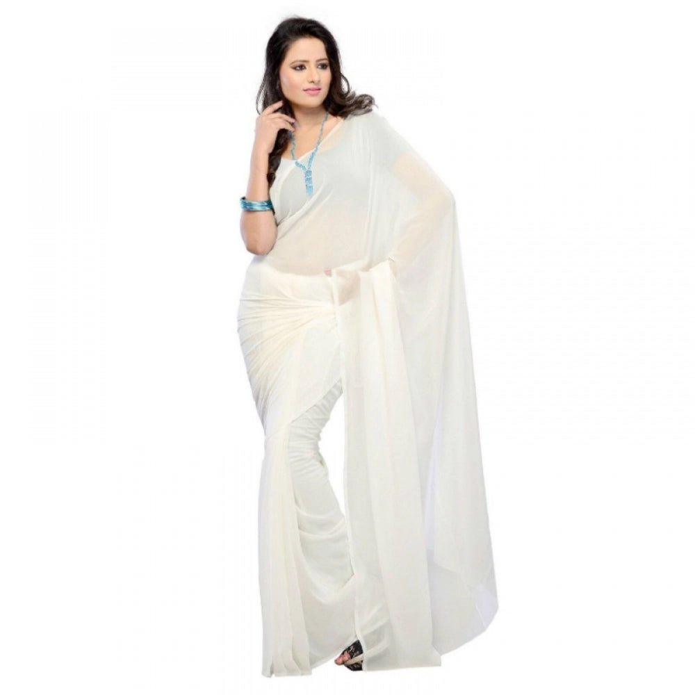 Clasymist Women's Georgette Plain Saree With Blouse (white, 5-6 Mtrs)