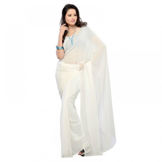 Clasymist Women's Georgette Plain Saree With Blouse (white, 5-6 Mtrs)