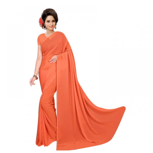 Clasymist Women's Georgette Plain Saree With Blouse (Orange, 5-6 Mtrs)