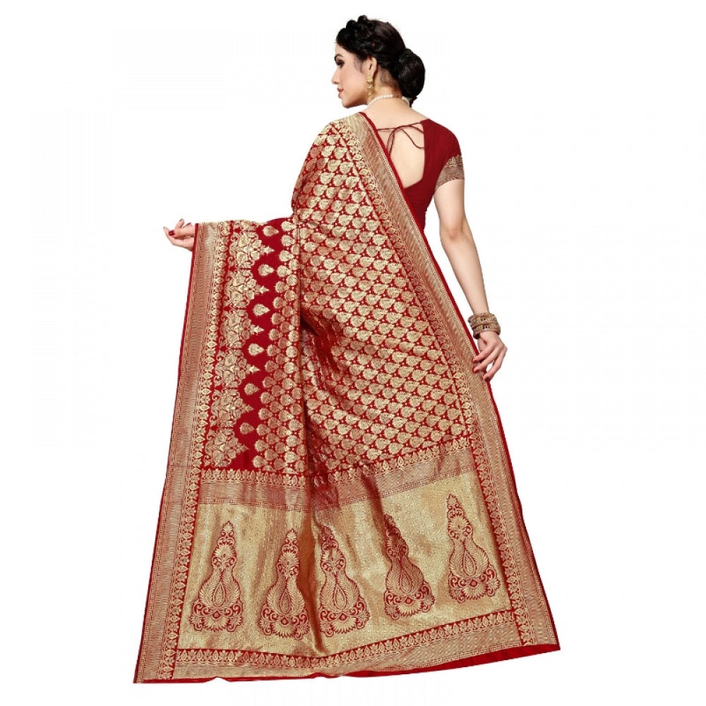 Clasymist Women's Jacquard Silk Kanjivaram Jacquard Silk Saree With Blouse (Red, 5-6 Mtrs)