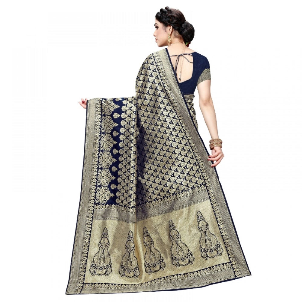 Clasymist Women's Jacquard Silk Kanjivaram Jacquard Silk Saree With Blouse (Navy Blue, 5-6 Mtrs)