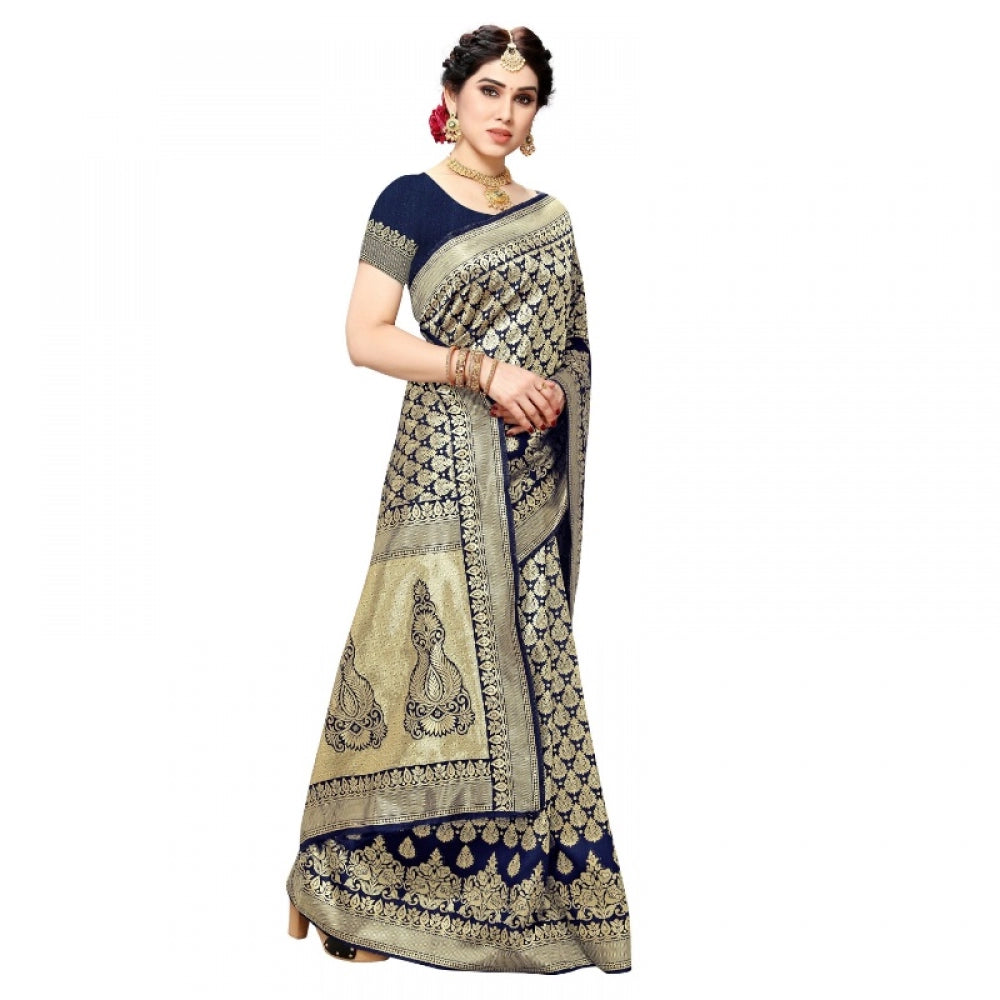 Clasymist Women's Jacquard Silk Kanjivaram Jacquard Silk Saree With Blouse (Navy Blue, 5-6 Mtrs)