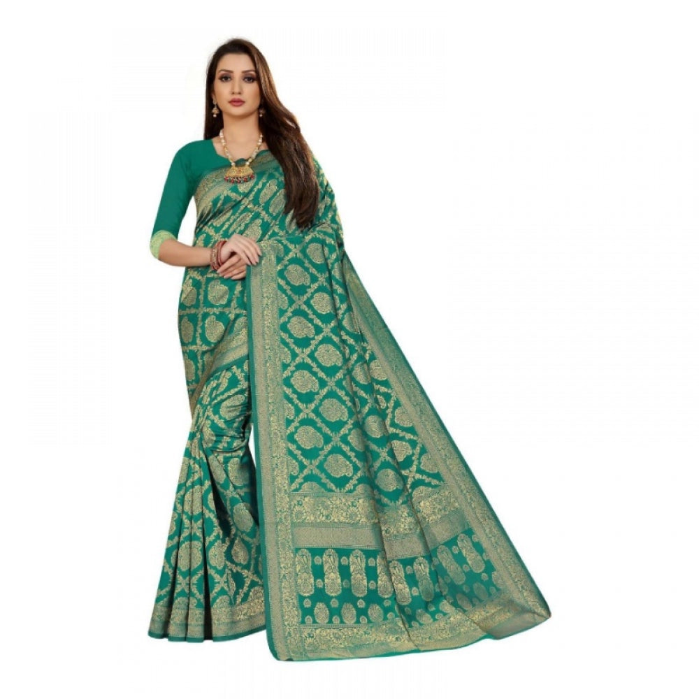 Clasymist Women's Jacquard Silk Kanjivaram Jacquard Silk Saree With Blouse (Rama, 5-6 Mtrs)