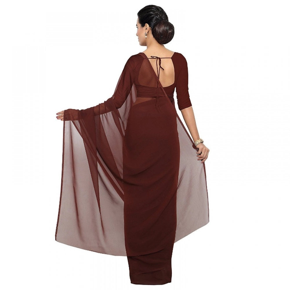 Clasymist Women's Georgette Plain Saree With Blouse (Coffee, 5-6 Mtrs)