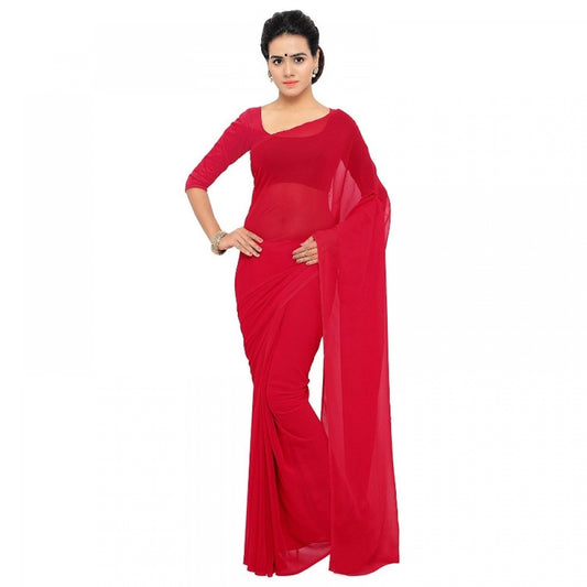 Clasymist Women's Georgette Plain Saree With Blouse (Red, 5-6 Mtrs)