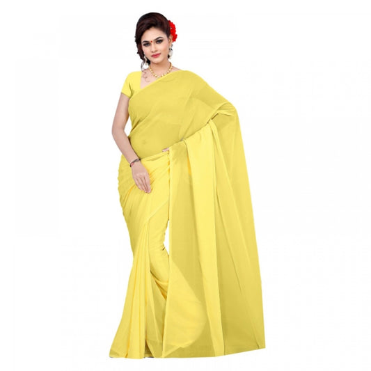 Clasymist Women's Georgette Plain Saree With Blouse (Lemon Yellow, 5-6 Mtrs)