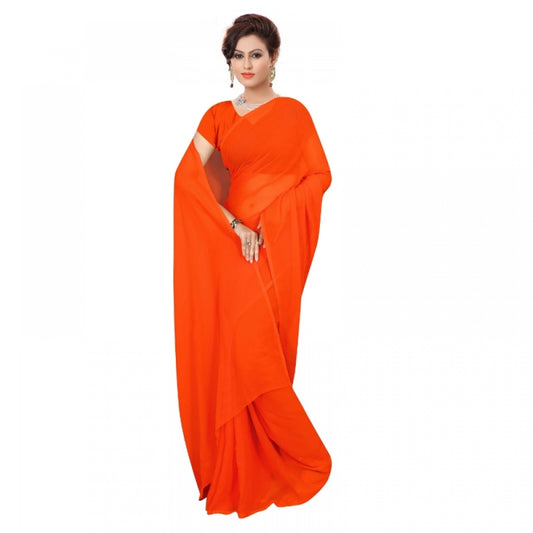 Clasymist Women's Georgette Plain Saree With Blouse (Orange, 5-6 Mtrs)