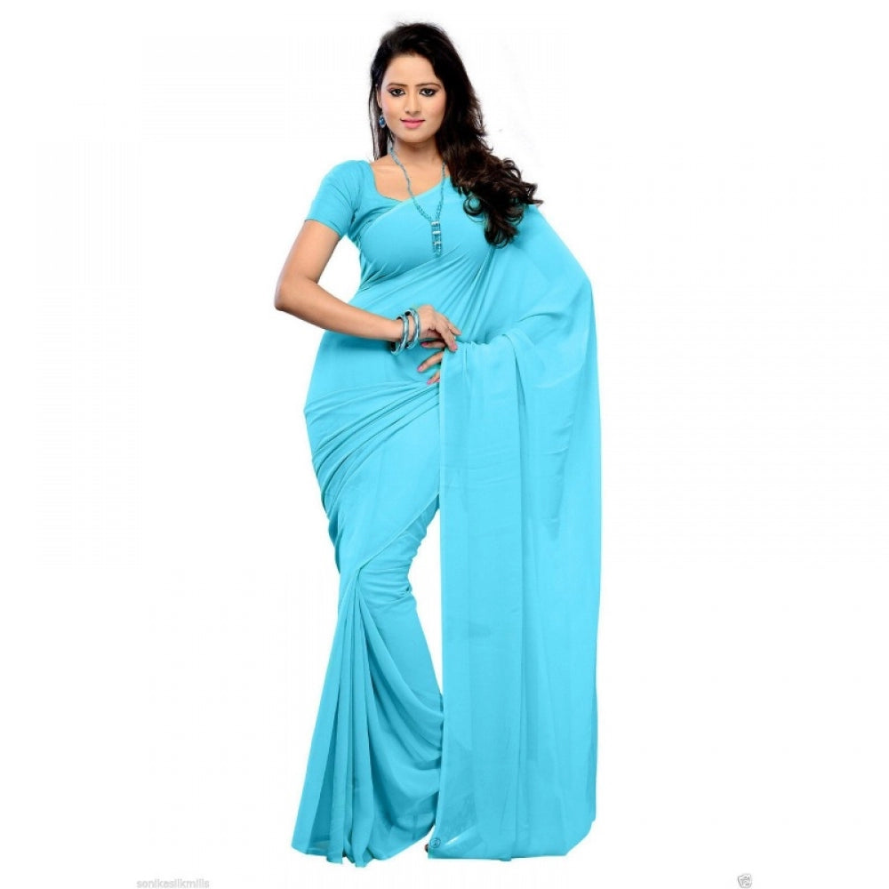 Clasymist Women's Georgette Plain Saree With Blouse (Sky Blue, 5-6 Mtrs)