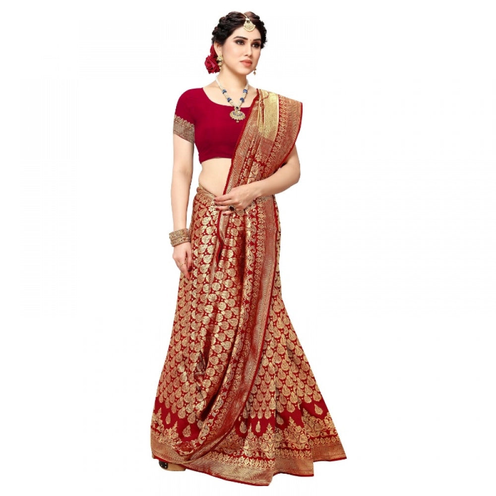 Clasymist Women's Jacquard Silk Kanjivaram Jacquard Silk Saree With Blouse (Red, 5-6 Mtrs)