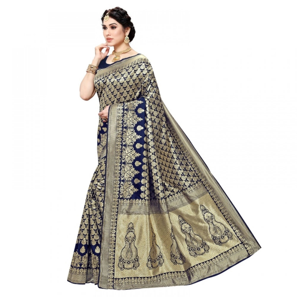 Clasymist Women's Jacquard Silk Kanjivaram Jacquard Silk Saree With Blouse (Navy Blue, 5-6 Mtrs)