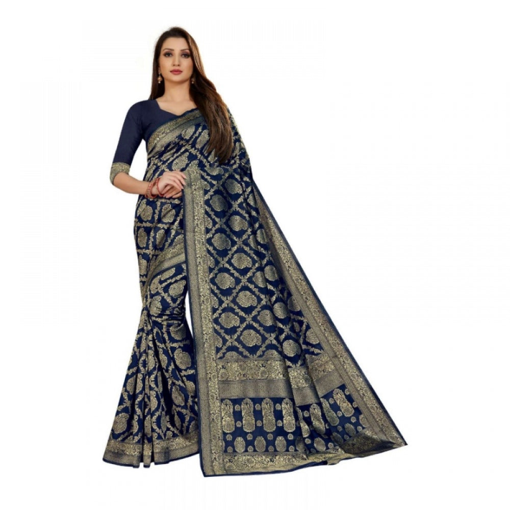 Clasymist Women's Jacquard Silk Kanjivaram Jacquard Silk Saree With Blouse (Navy Blue, 5-6 Mtrs)