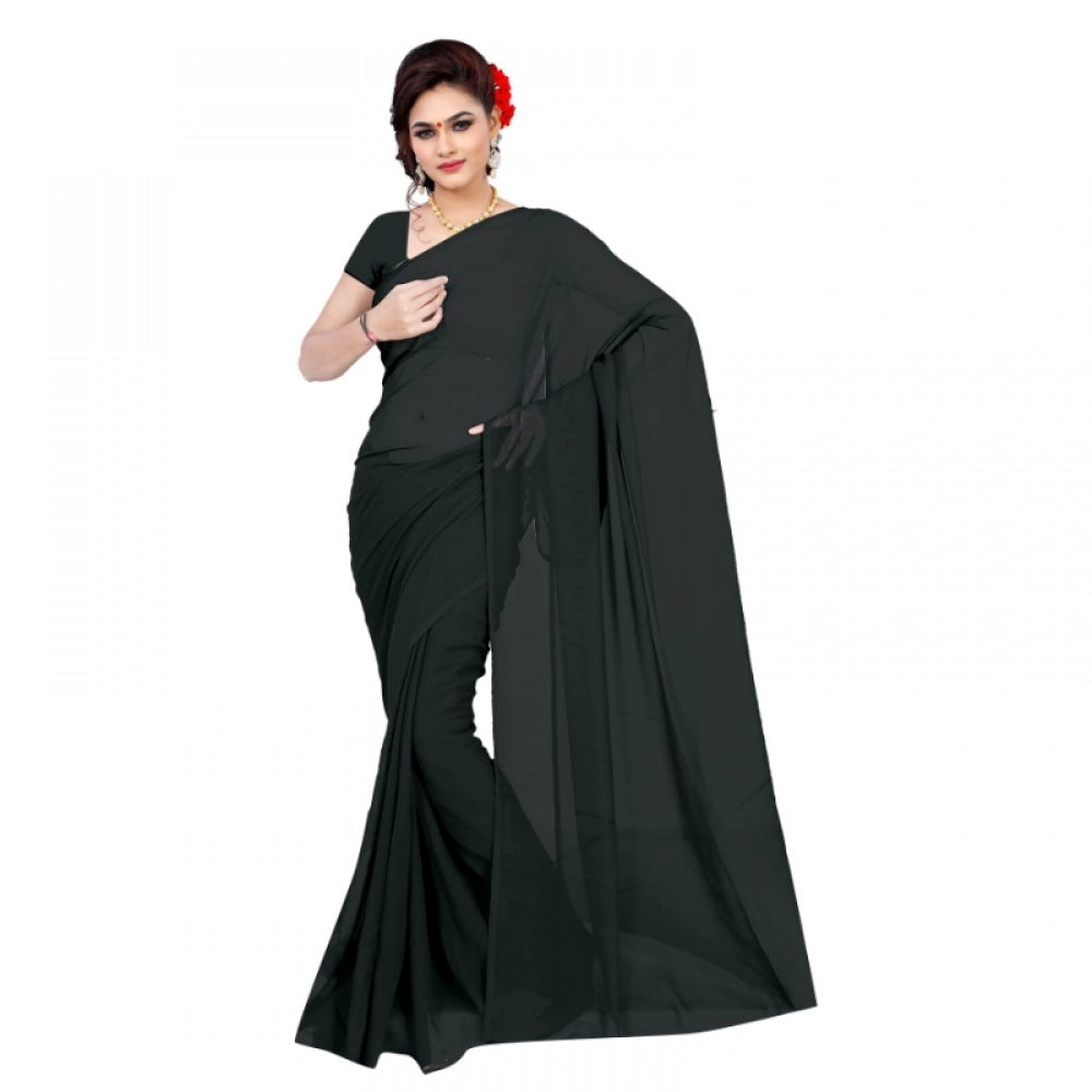 Clasymist Women's Georgette Plain Saree With Blouse (Black, 5-6 Mtrs)