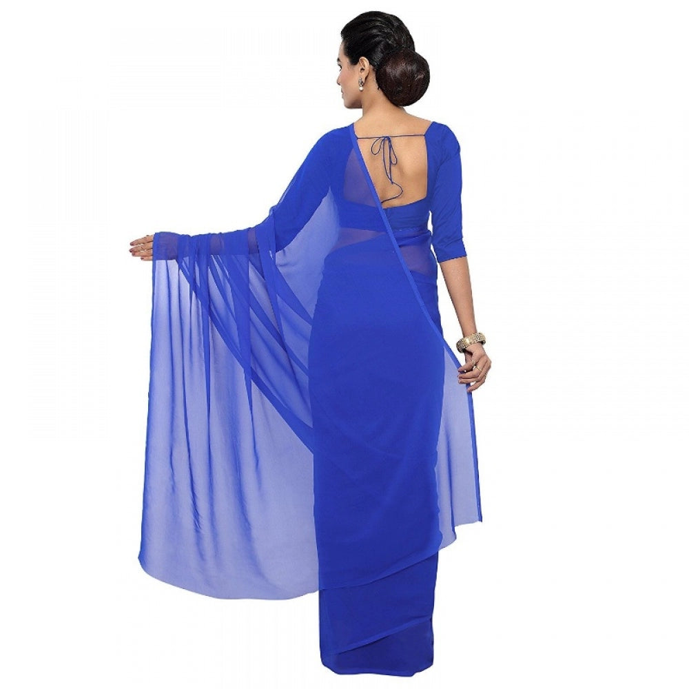 Clasymist Women's Georgette Plain Saree With Blouse (Royal Blue, 5-6 Mtrs)