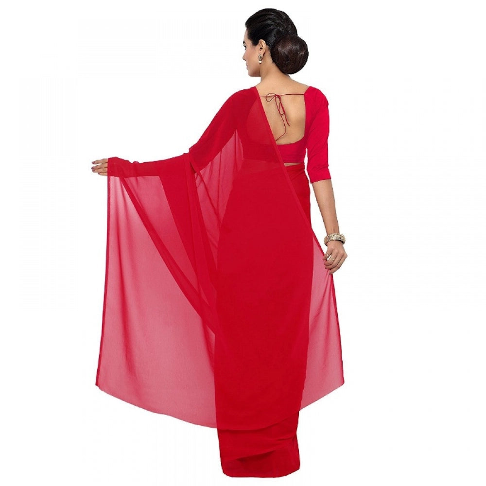 Clasymist Women's Georgette Plain Saree With Blouse (Red, 5-6 Mtrs)