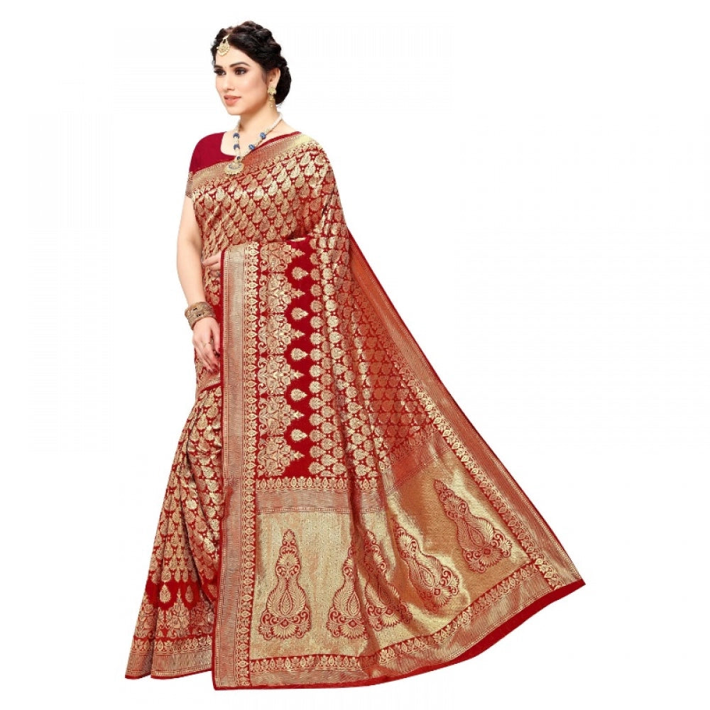 Clasymist Women's Jacquard Silk Kanjivaram Jacquard Silk Saree With Blouse (Red, 5-6 Mtrs)