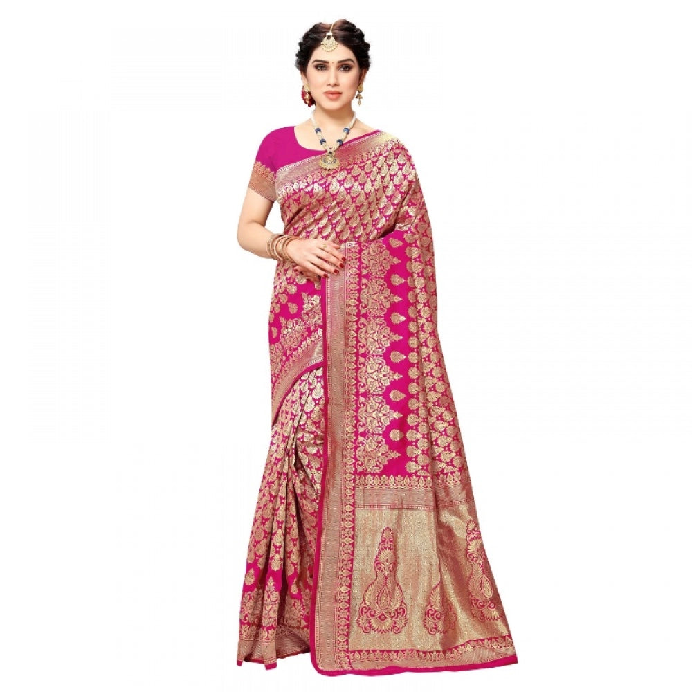 Clasymist Women's Jacquard Silk Kanjivaram Jacquard Silk Saree With Blouse (Pink, 5-6 Mtrs)