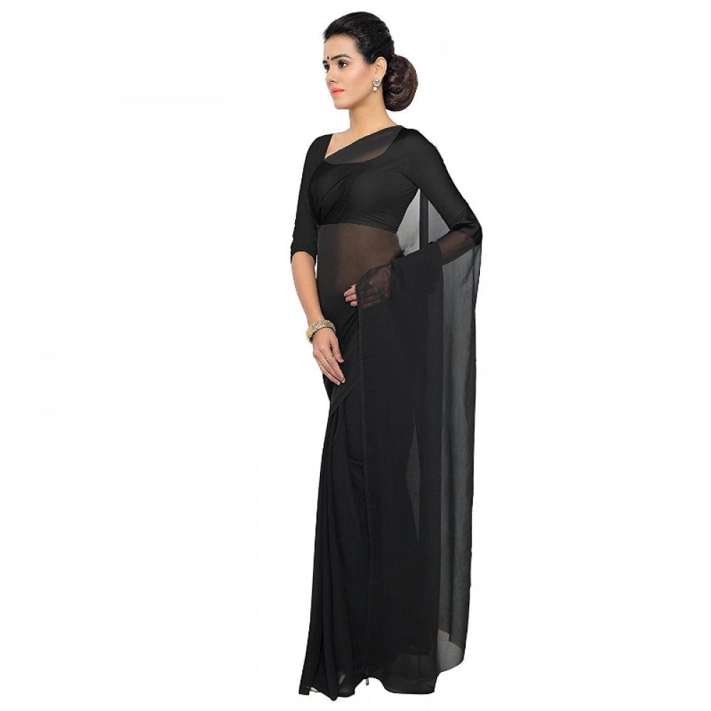 Clasymist Women's Georgette Plain Saree With Blouse (Black, 5-6 Mtrs)