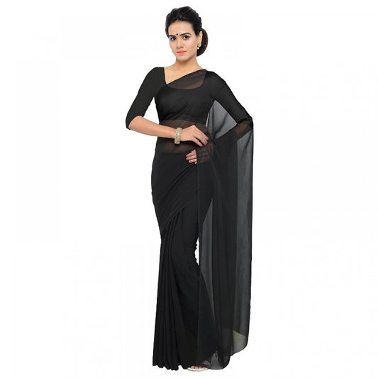 Clasymist Women's Georgette Plain Saree With Blouse (Black, 5-6 Mtrs)