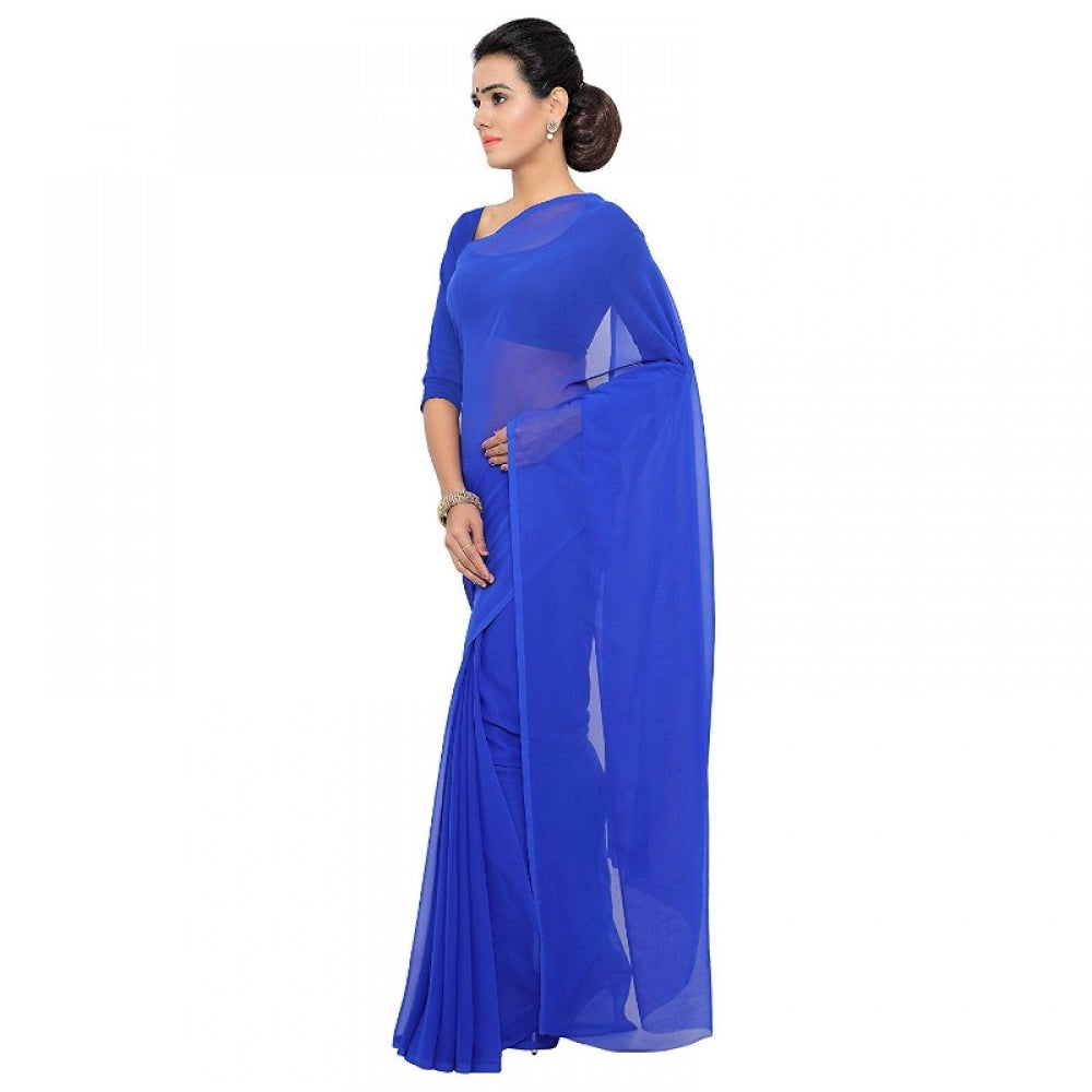 Clasymist Women's Georgette Plain Saree With Blouse (Royal Blue, 5-6 Mtrs)