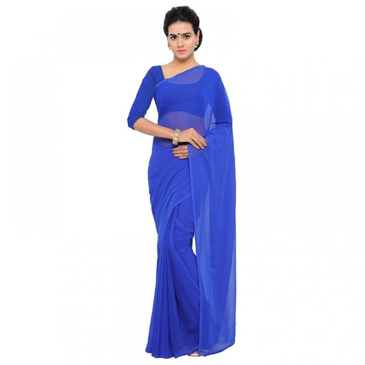 Clasymist Women's Georgette Plain Saree With Blouse (Royal Blue, 5-6 Mtrs)