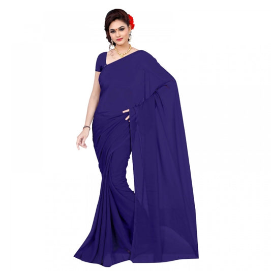 Clasymist Women's Georgette Plain Saree With Blouse (Navy Blue, 5-6 Mtrs)