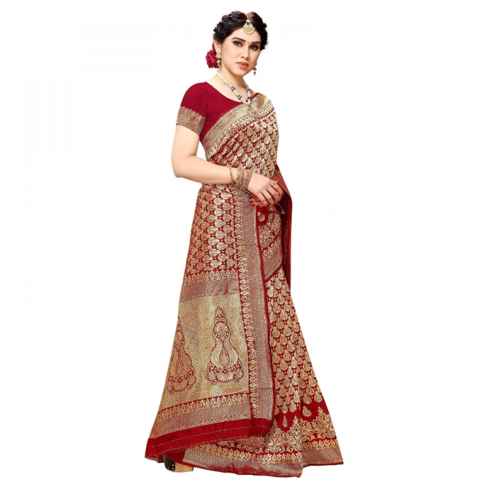 Clasymist Women's Jacquard Silk Kanjivaram Jacquard Silk Saree With Blouse (Red, 5-6 Mtrs)