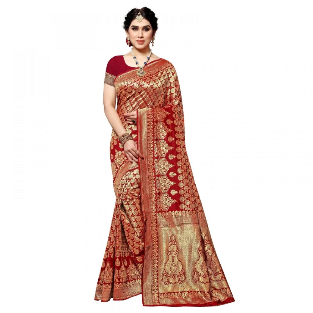 Clasymist Women's Jacquard Silk Kanjivaram Jacquard Silk Saree With Blouse (Red, 5-6 Mtrs)