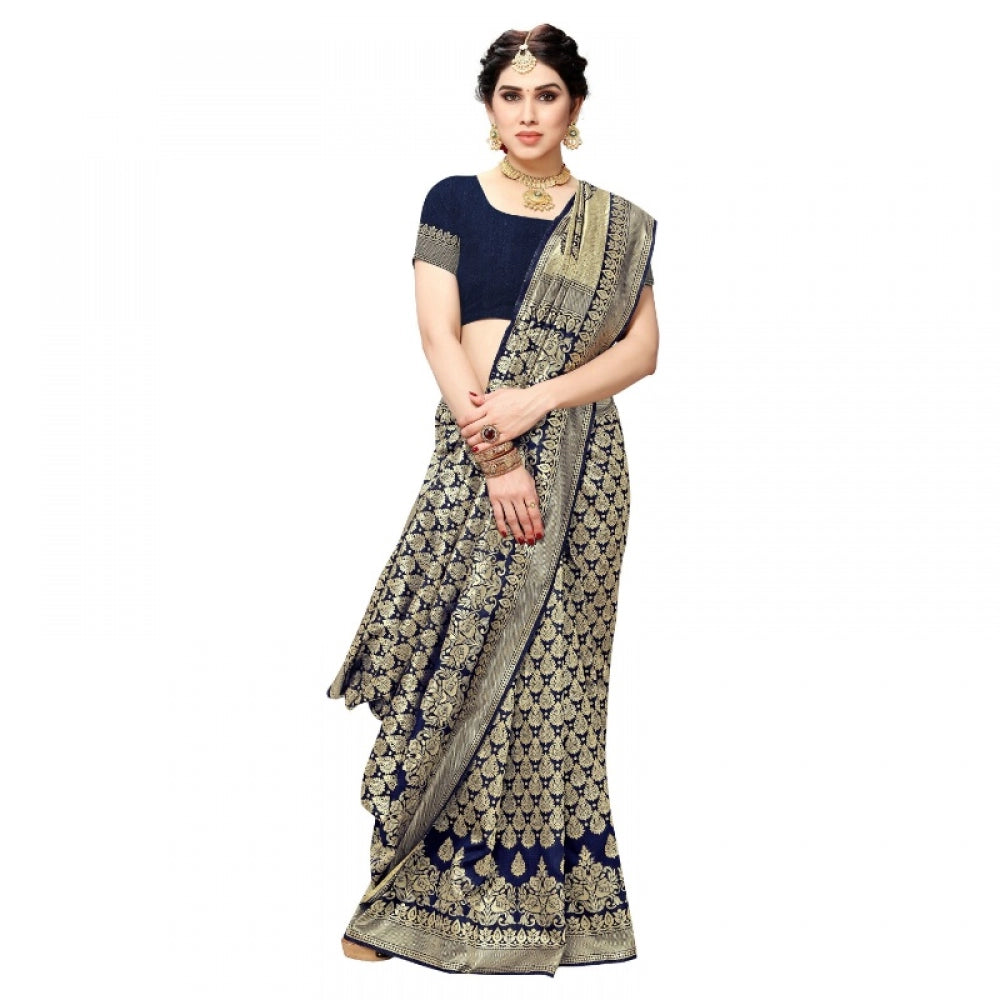 Clasymist Women's Jacquard Silk Kanjivaram Jacquard Silk Saree With Blouse (Navy Blue, 5-6 Mtrs)