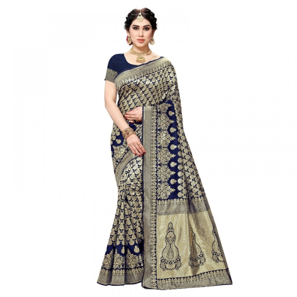 Clasymist Women's Jacquard Silk Kanjivaram Jacquard Silk Saree With Blouse (Navy Blue, 5-6 Mtrs)