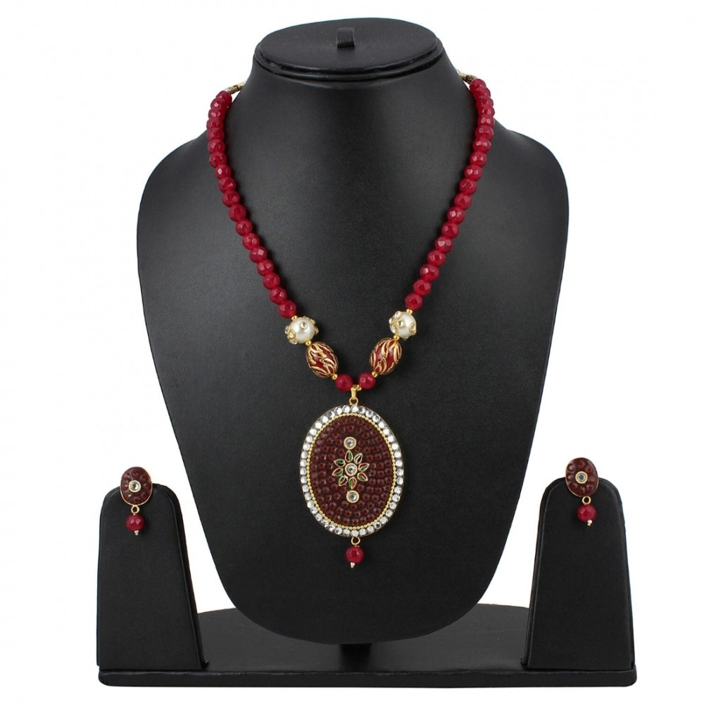 Clasymist Women's Stylish Maroon Golde Plated Traditional Kundan Necklace Set with Earrings (Color: Red)