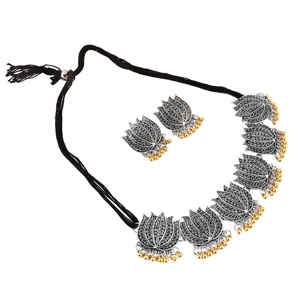 Clasymist Antique Silver Oxidised Plated Tribal Afghani Necklace With Earrings Set For Women